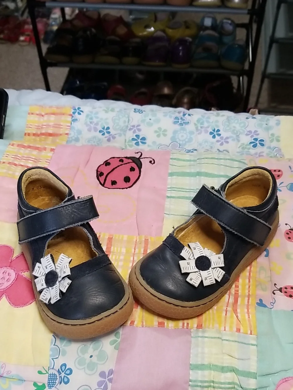 Livie & Luca Navy Blue Mary Janes with Tape Measure Flower Size 8 